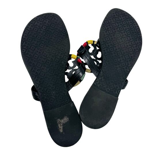 TORY BURCH Embroidered Perfect Black Matte Leather Miller Logo Sandals Size 8.5 - Picture 5 of 9